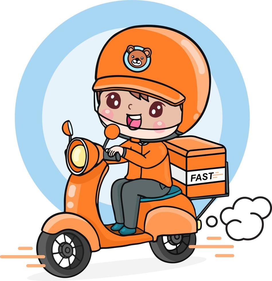 personaje de dibujos animados repartidor paseo en motocicleta, envío rápido expreso ilustración plana vector