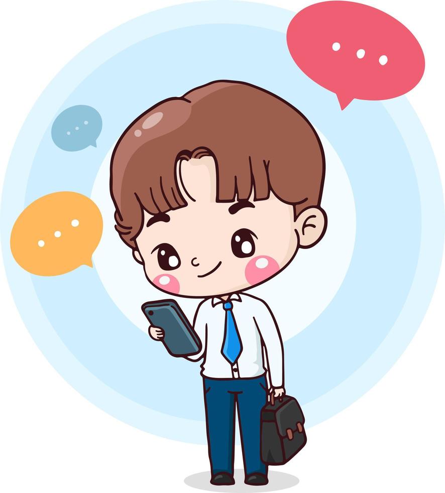 cartoon character business man use mobile phone flat illustration vector