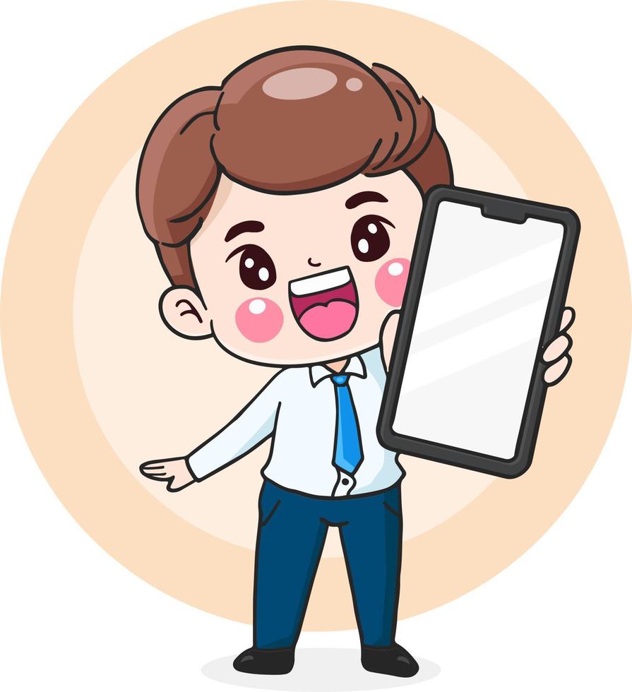 cartoon character businessman holding mobile phone, smart phone, flat illustration vector