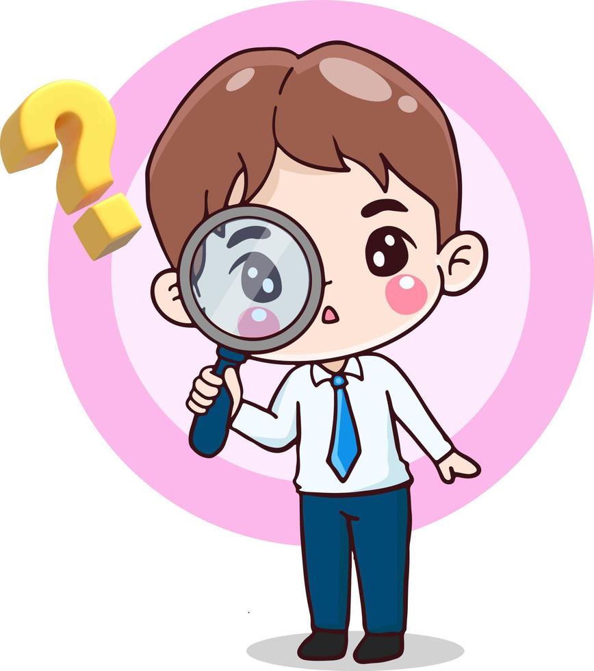 cartoon character businessman holding magnifying glass with question icon, flat illustration vector