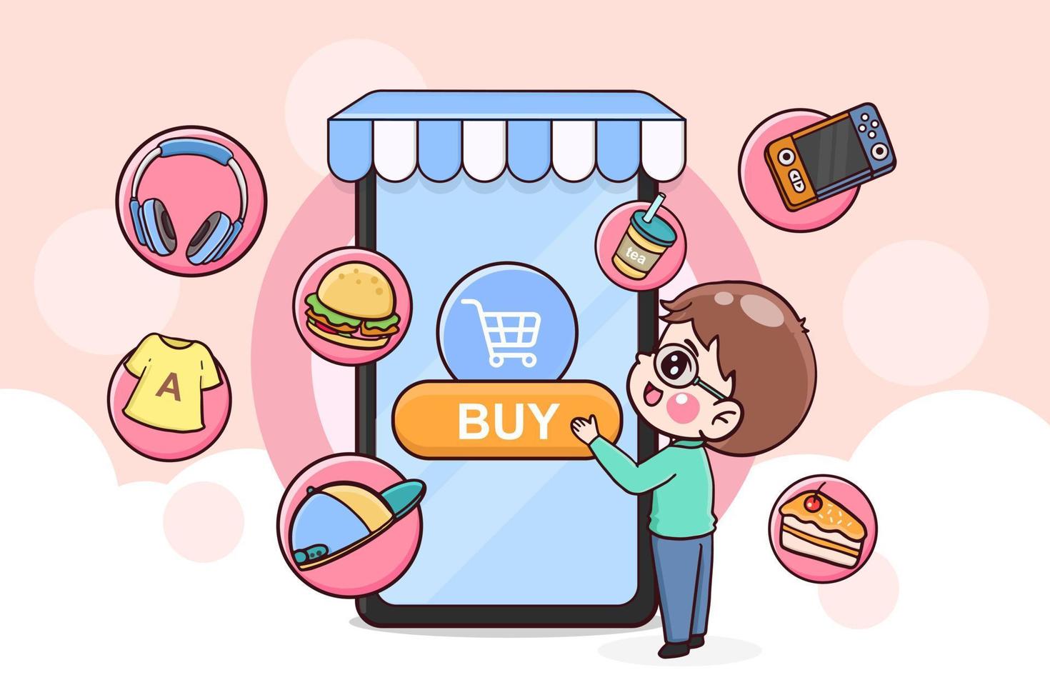 concepto de compras en línea, compras de aplicaciones móviles, personaje de dibujos animados hombre compras en línea, ilustración plana vector