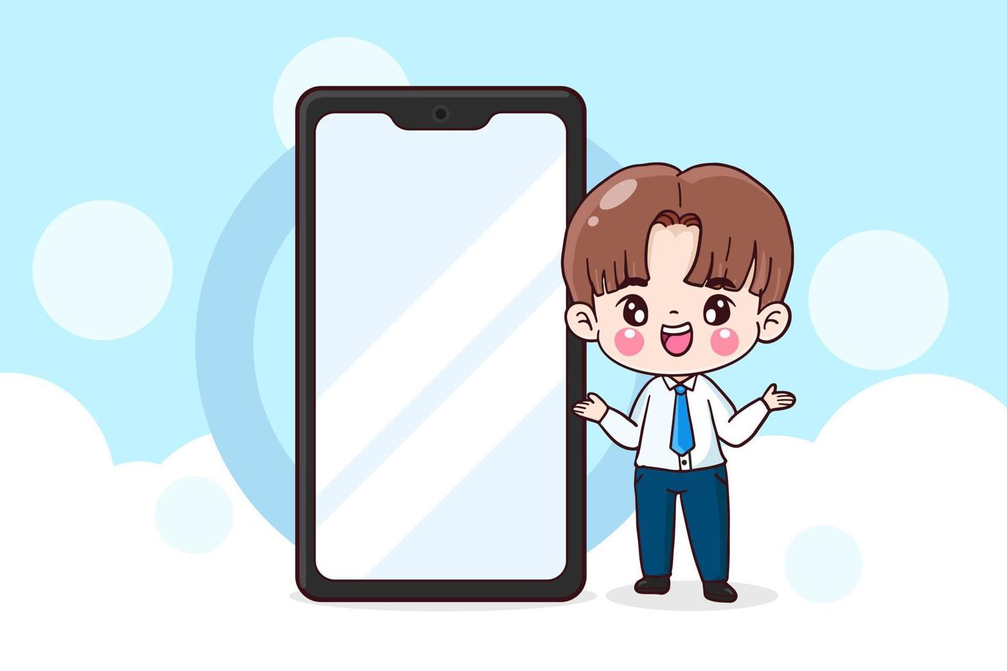 cartoon character businessman is stand with smartphone, blank space, flat illustration vector