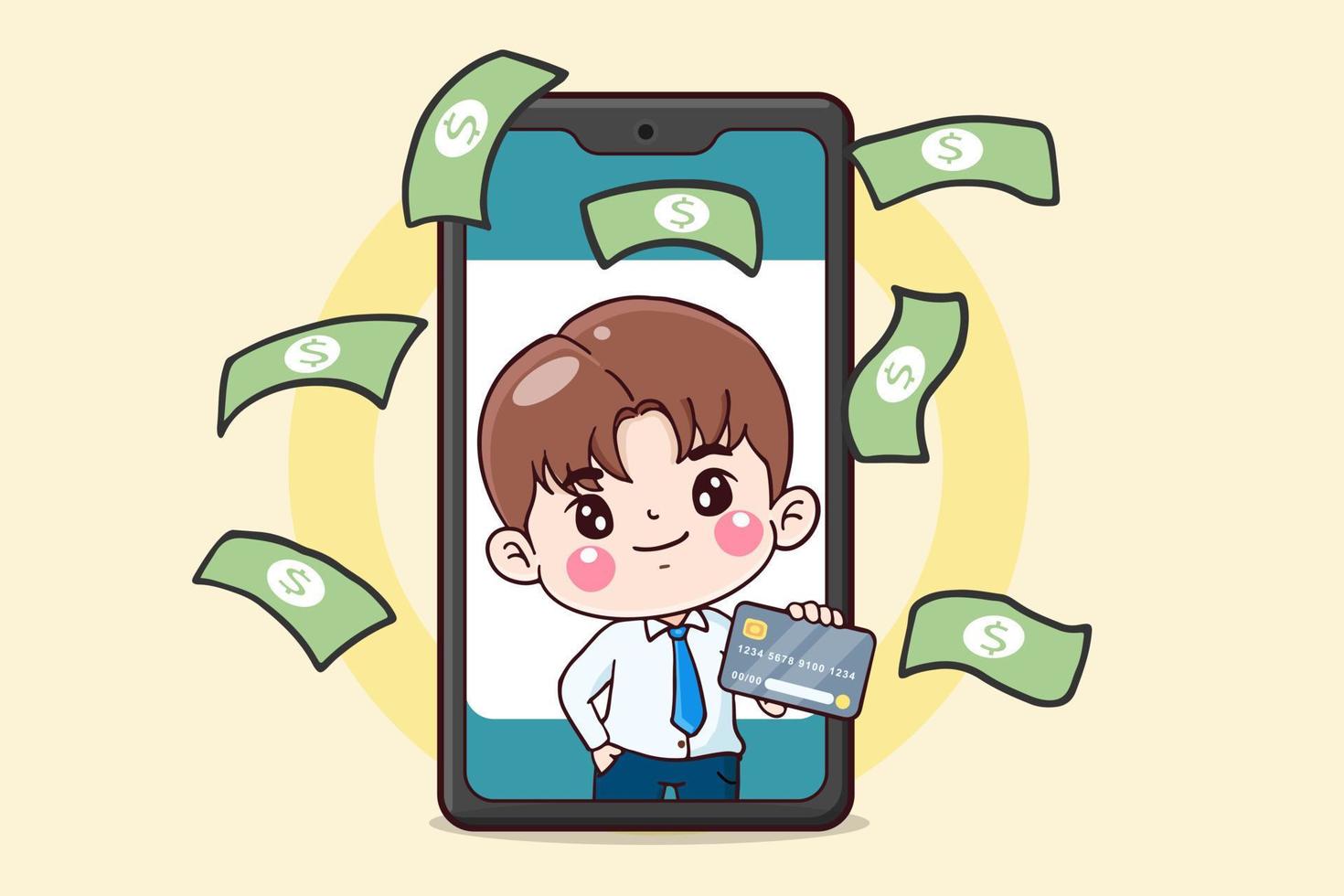 personaje de dibujos animados hombre de negocios con tarjeta de crédito en el teléfono móvil, concepto financiero, ilustración plana vector