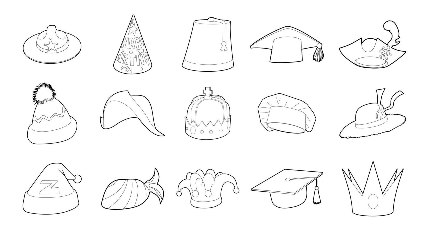 conjunto de iconos de sombrero, estilo de esquema vector