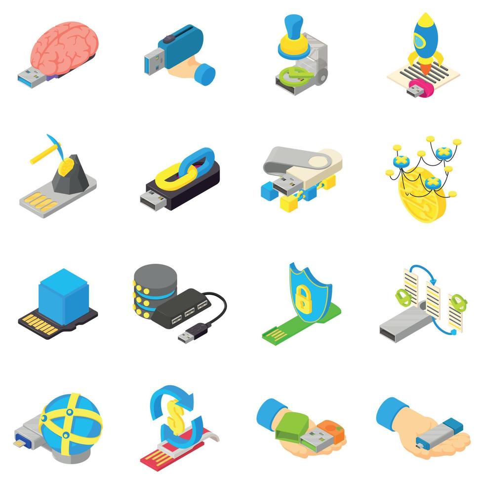 Cyber memory icons set, isometric style vector