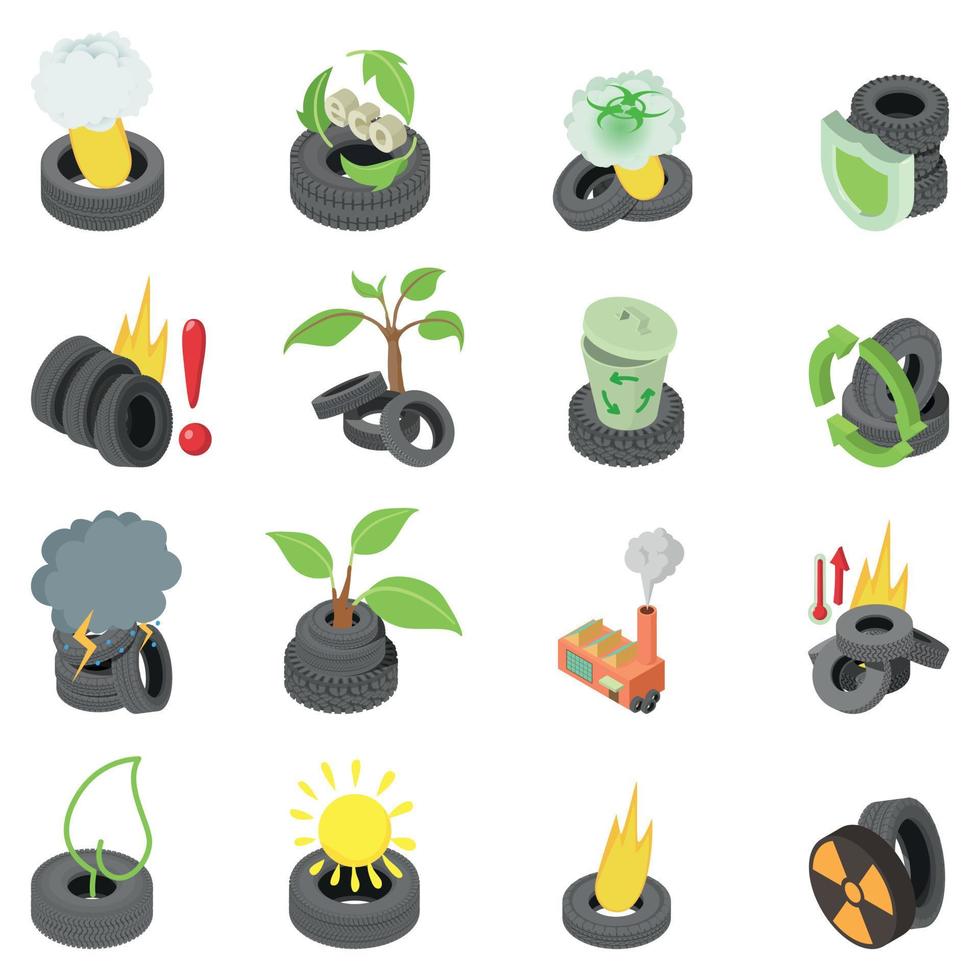 Tire contamination icons set, isometric style vector