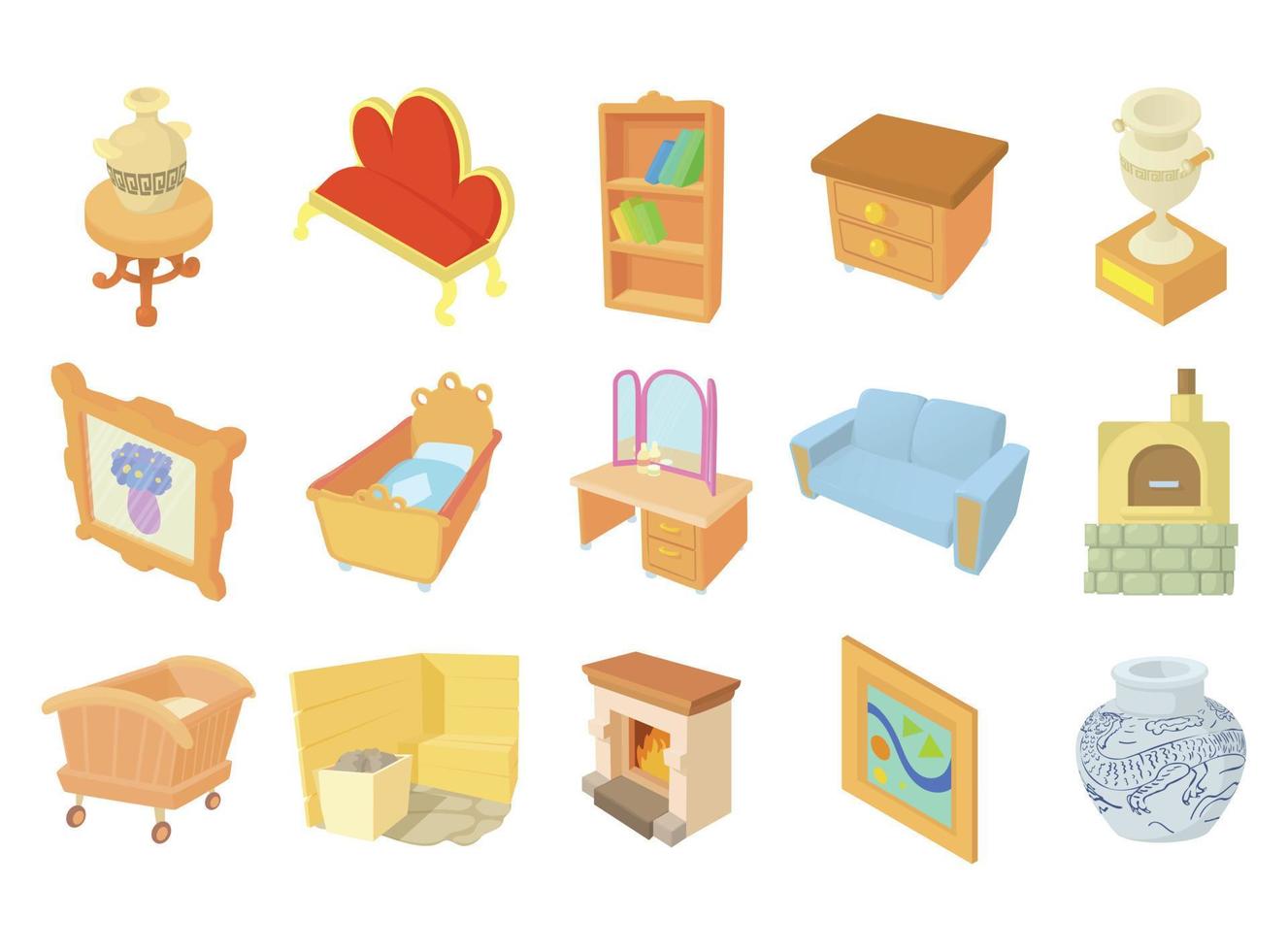 Furniture icon set, cartoon style vector