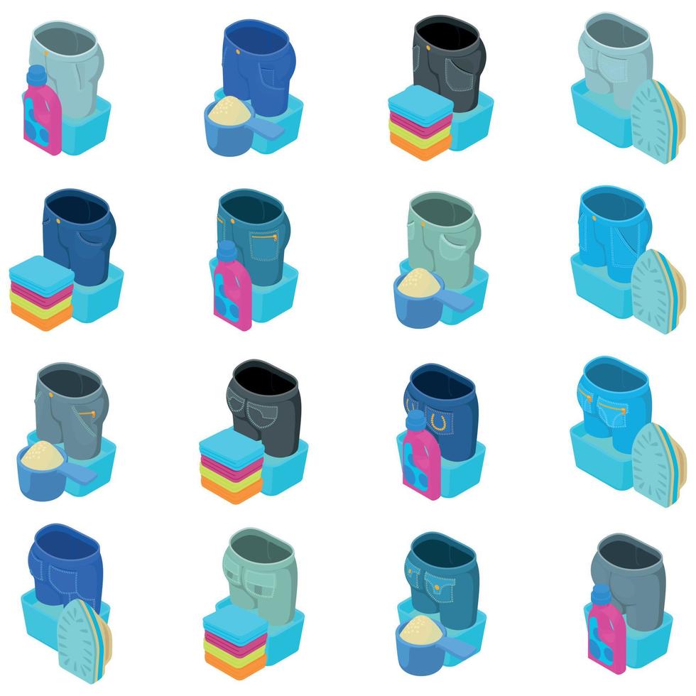 Wash jeans icons set, isometric style vector