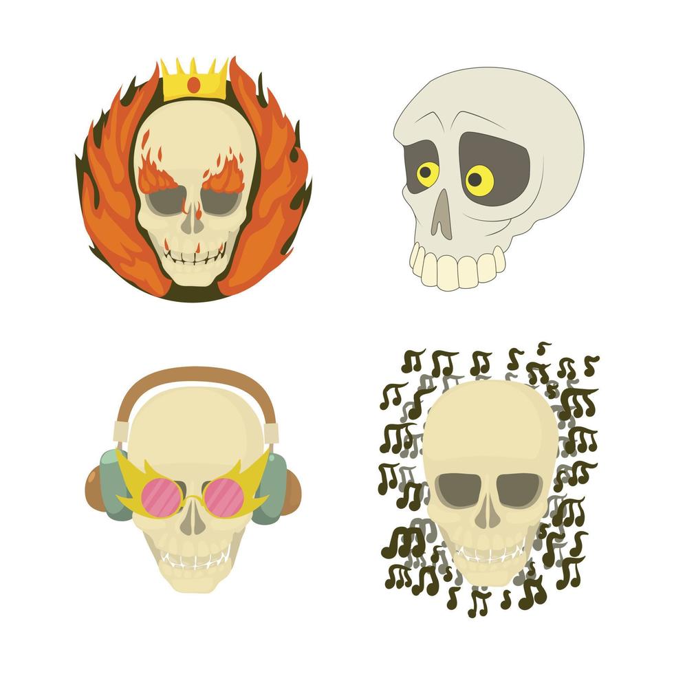 Skull icon set, cartoon style vector
