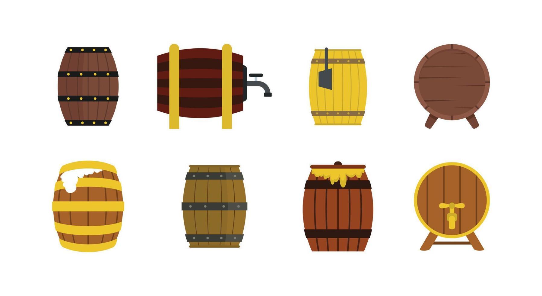 Wood barrel icon set, flat style vector