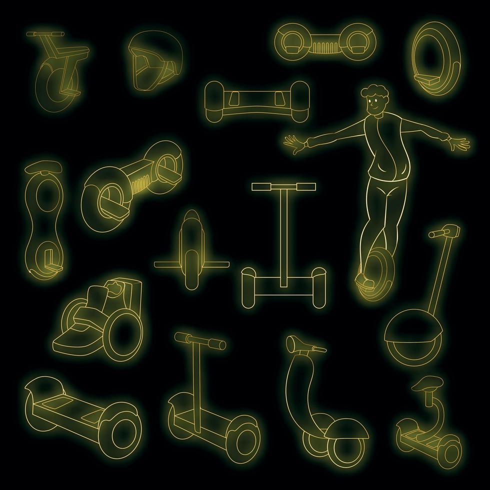 Self balancing scooter icons set vector neon