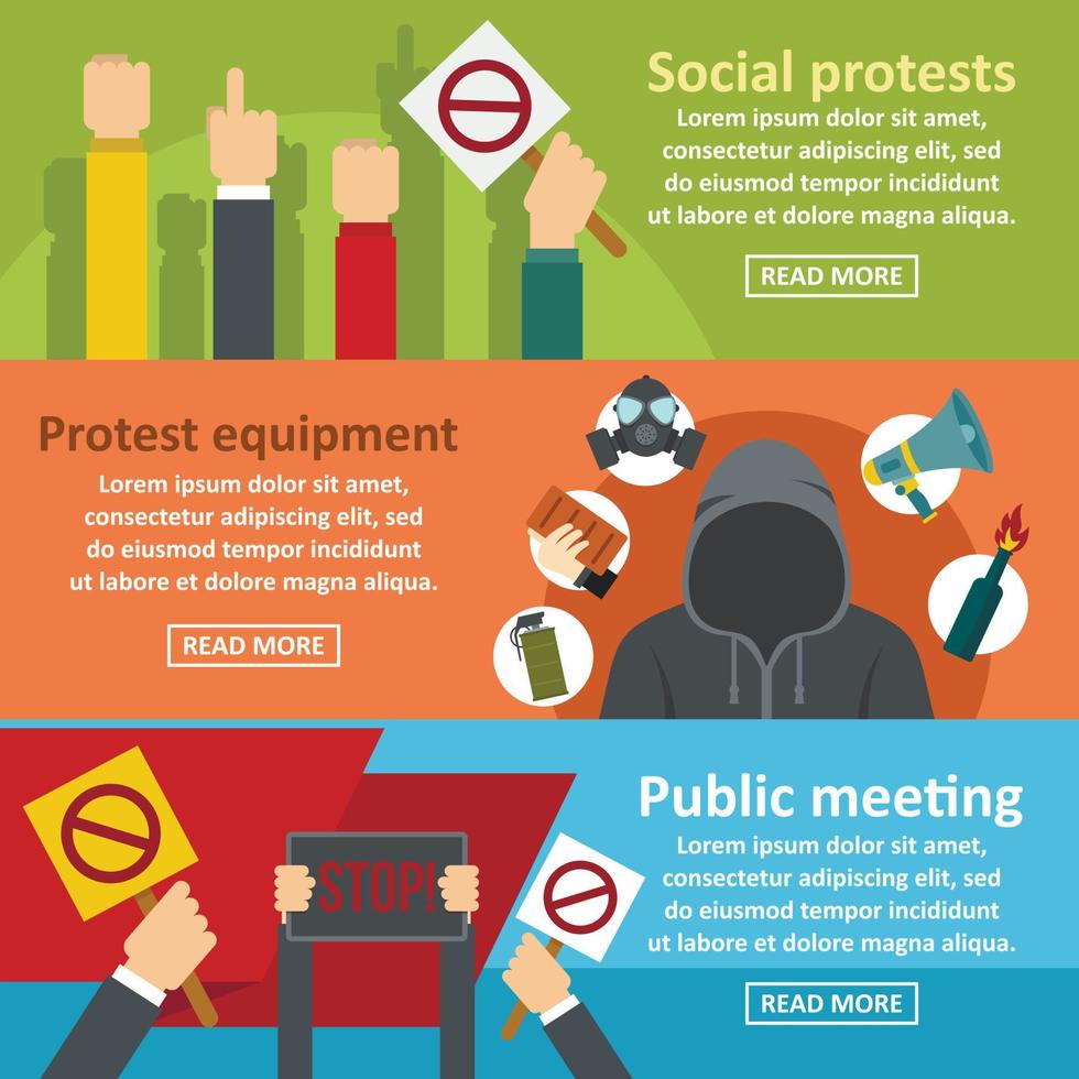 Protest meeting banner horizontal set, flat style vector