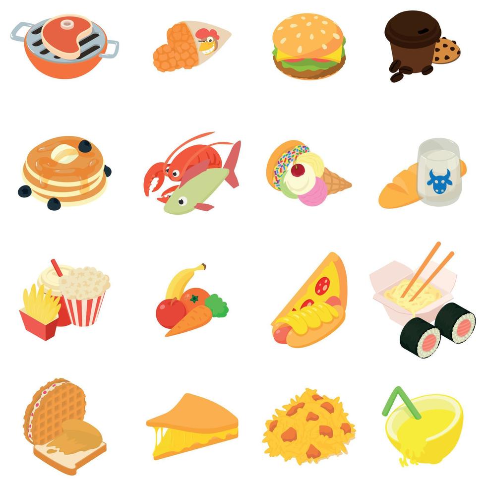 Variety of food icons set, isometric style vector