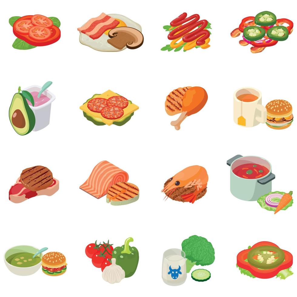 conjunto de iconos a la hora del almuerzo, estilo isométrico vector