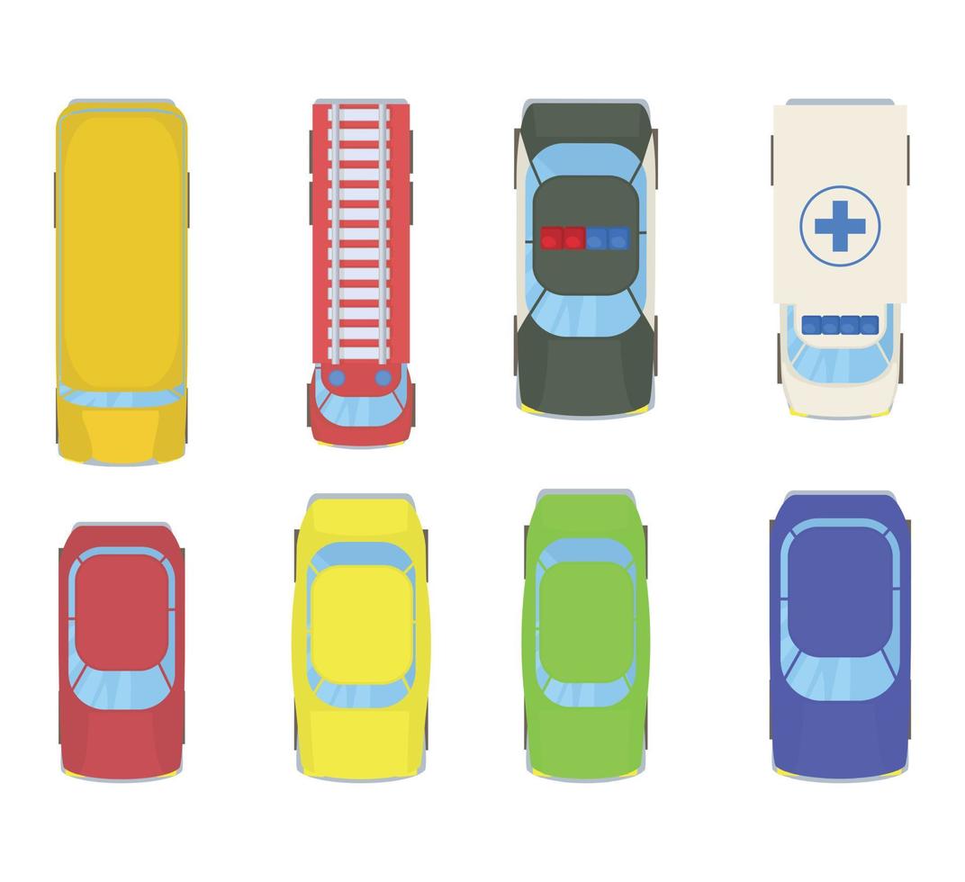 Vehicle bird view icon set, cartoon style vector