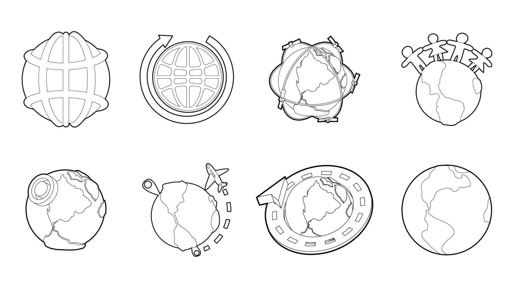 Globe earth icon set, outline style vector