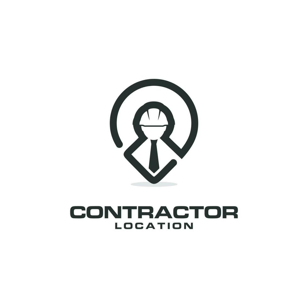 logotipo del contratista, combinación de trabajadores de la construcción y ubicación del pasador vector