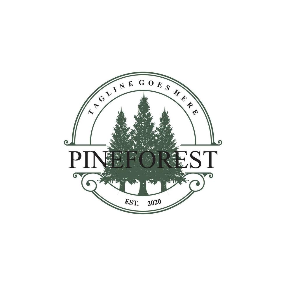 Pine Forest logo emblem vector illustration. Outdoor adventure, Pine trees, evergreen, forest camping