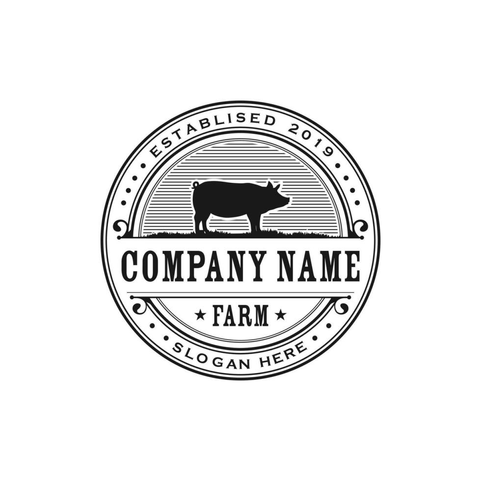 Retro Vintage pig farm logo design template. pig farm logo design vector