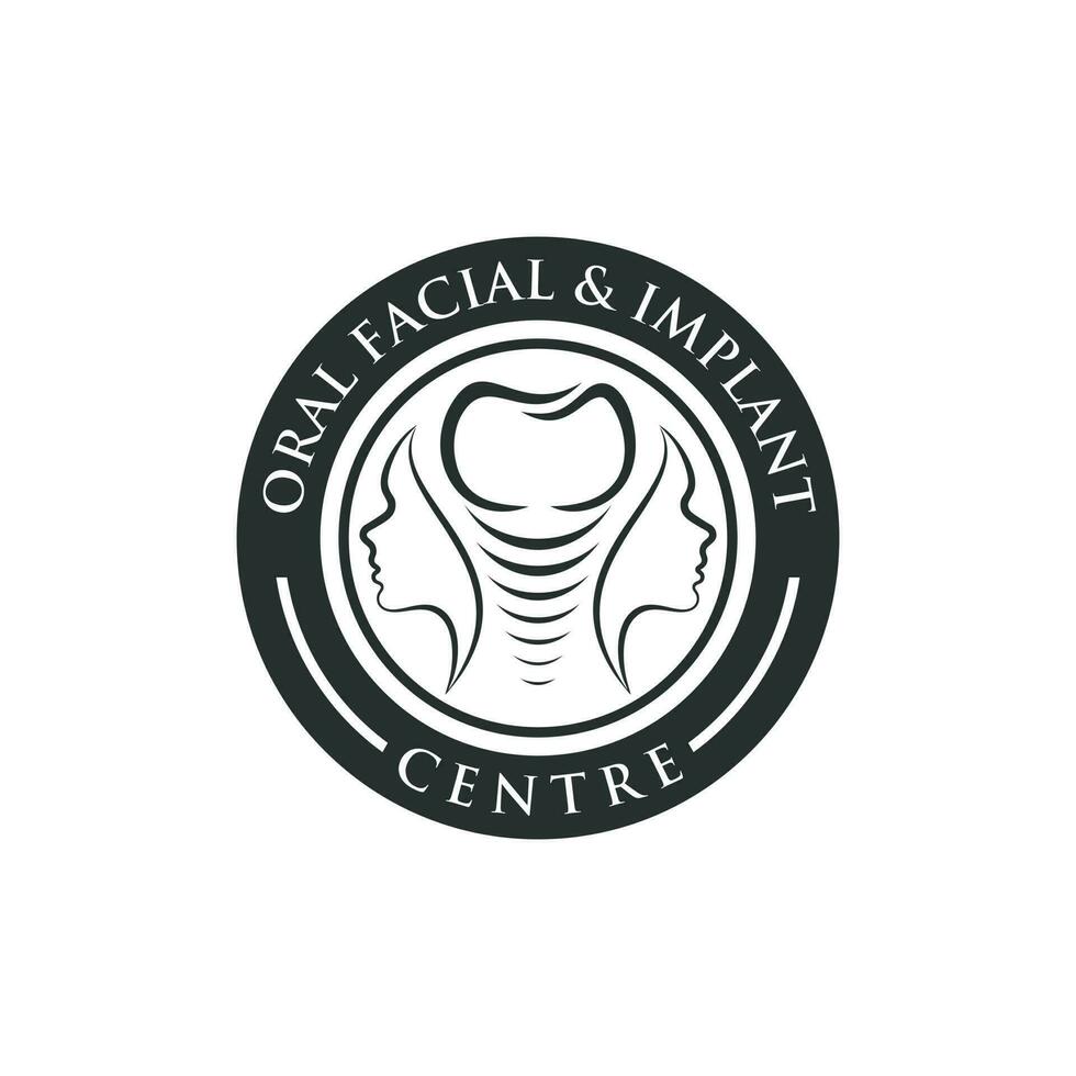 diseño simple y elegante de logotipos orales, faciales y de implantes. usando la forma de implantes dentales y siluetas de caras de dos mujeres hermosas vector