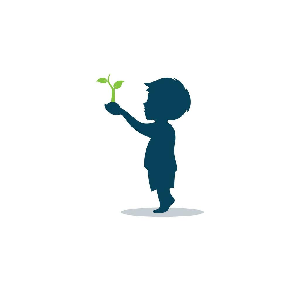 Little  boy and plants, green kids plant care logo vector