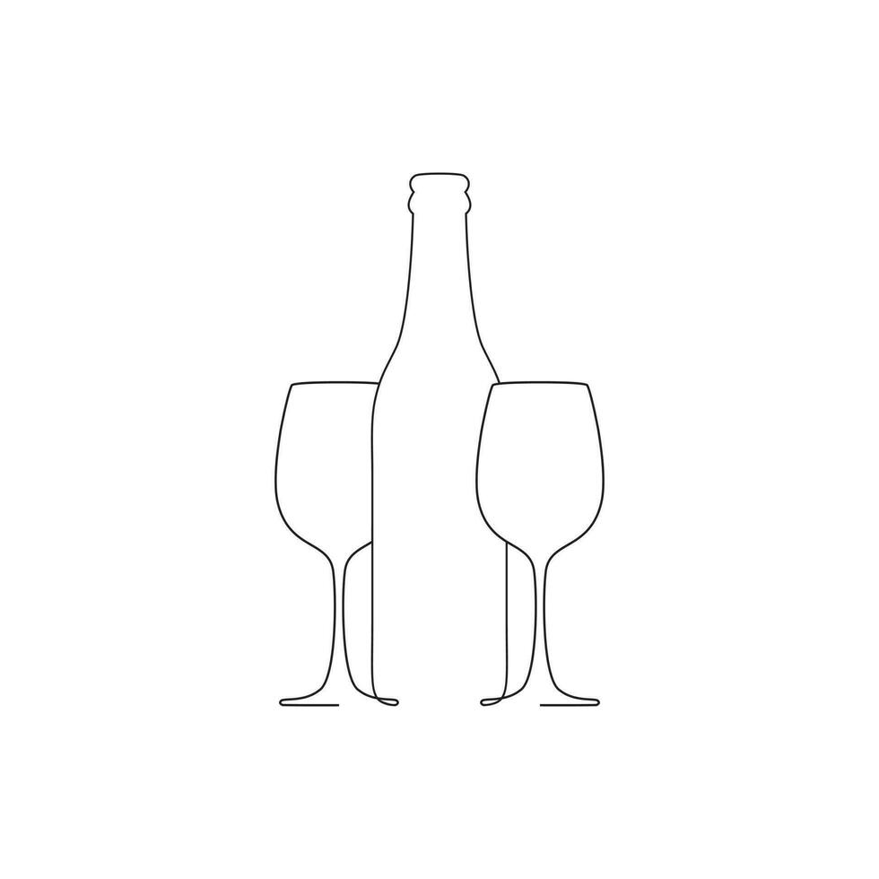 Minimalist bottle and two glass of wine vector. Bottle of wine icon. Wine glass icon. vector