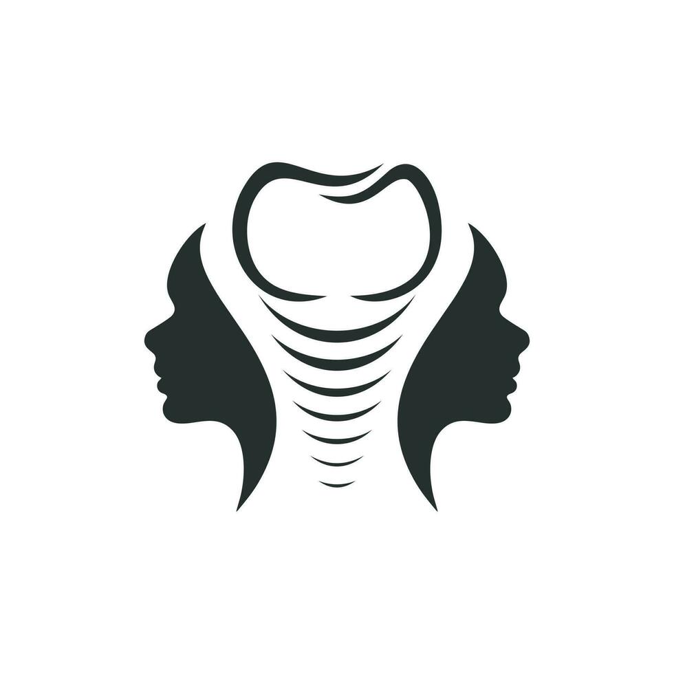 diseño simple y elegante de logotipos orales, faciales y de implantes. usando la forma de implantes dentales y siluetas de caras de dos mujeres hermosas vector