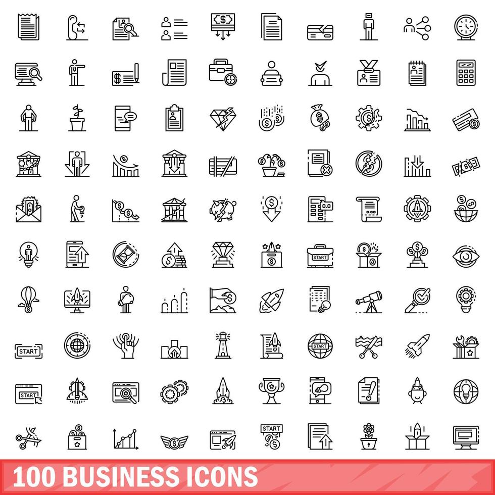 100 business icons set, outline style vector