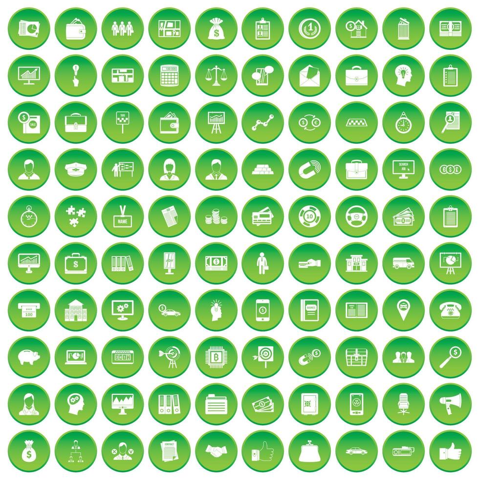 100 iconos de grupo empresarial establecer círculo verde vector