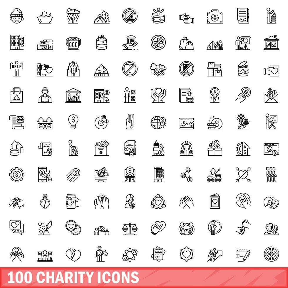 100 charity icons set, outline style vector