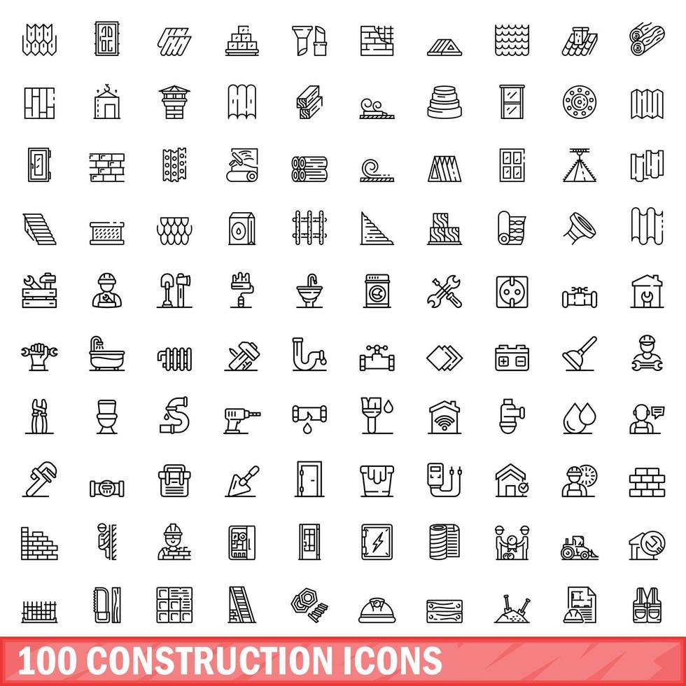 100 construction icons set, outline style vector