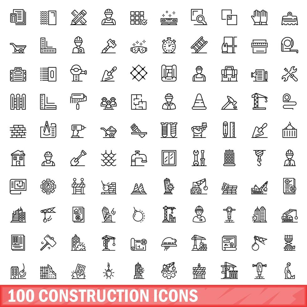 100 construction icons set, outline style vector