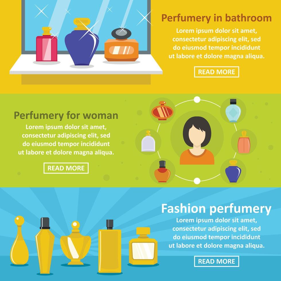 Perfume fashion banner horizontal set, flat style vector