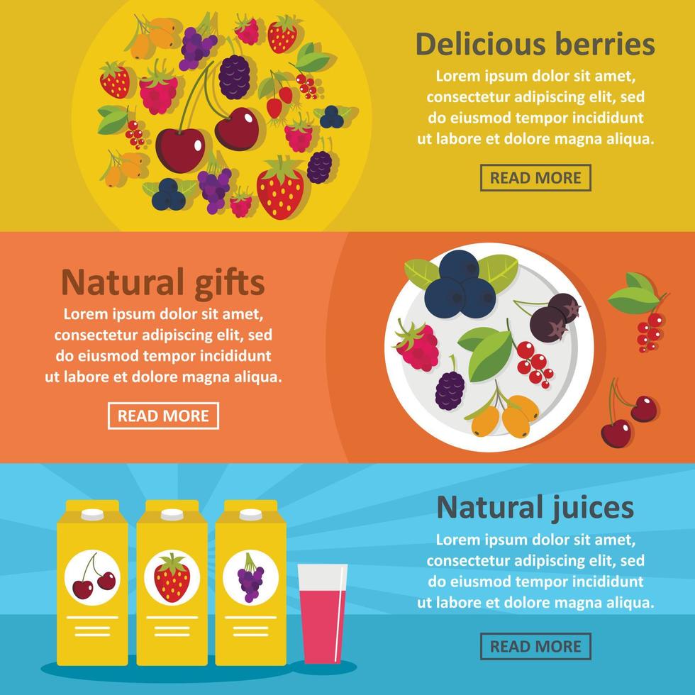 Berries food banner horizontal set, flat style vector