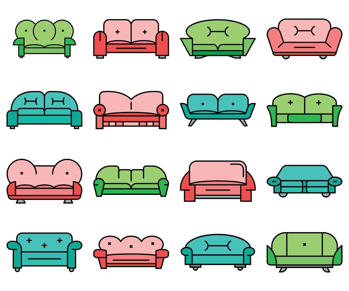 Sofa icon set line color vector