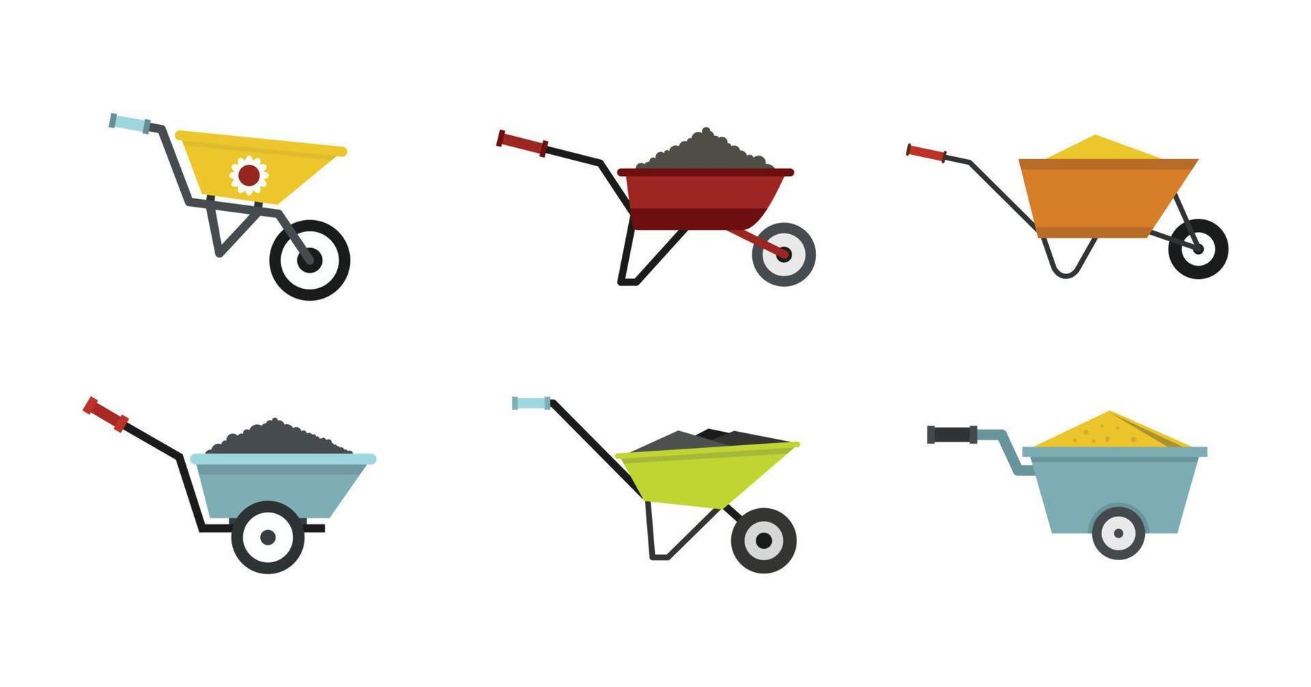 conjunto de iconos de carretilla de una rueda, estilo plano vector