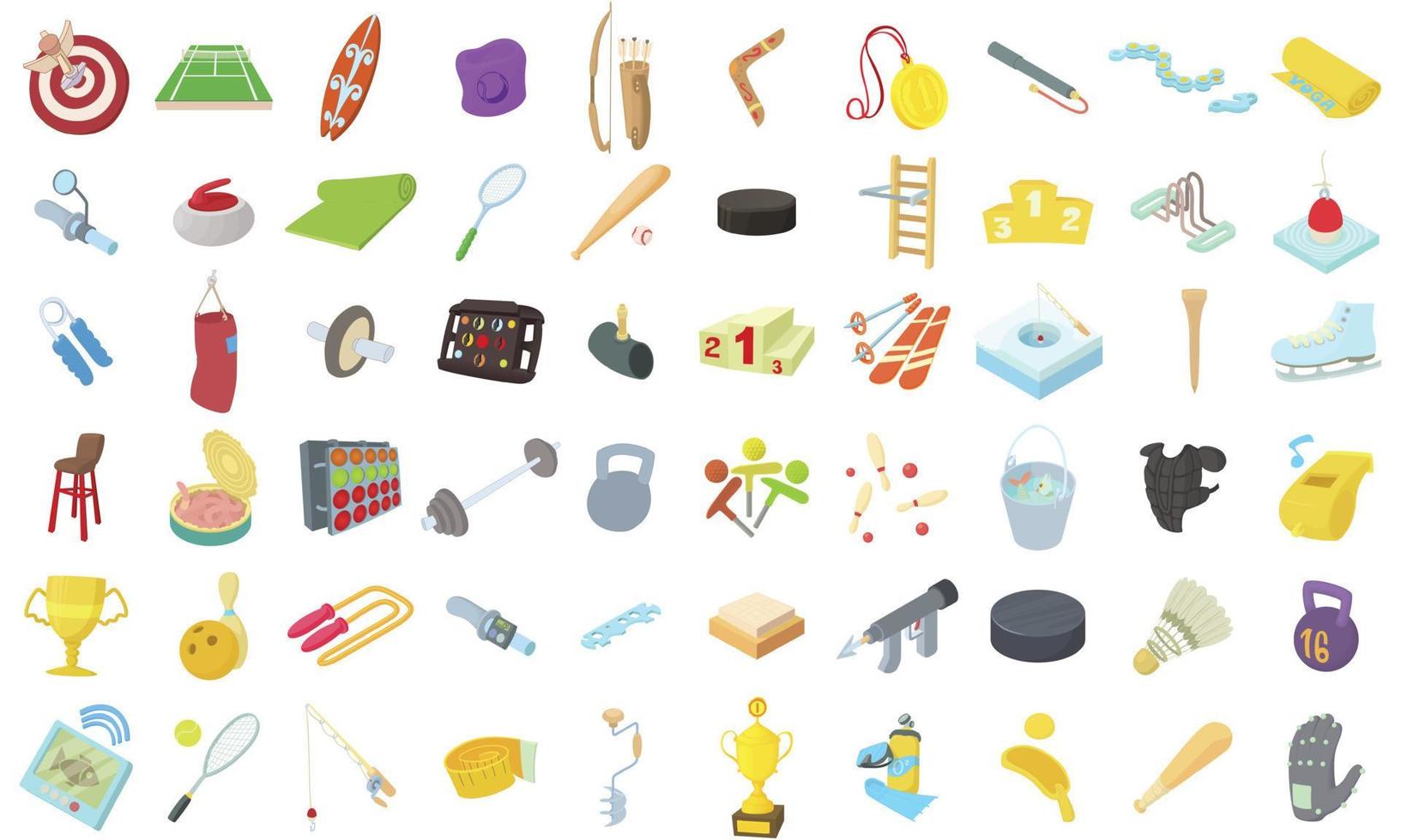 Sport equipment icon set, cartoon style vector