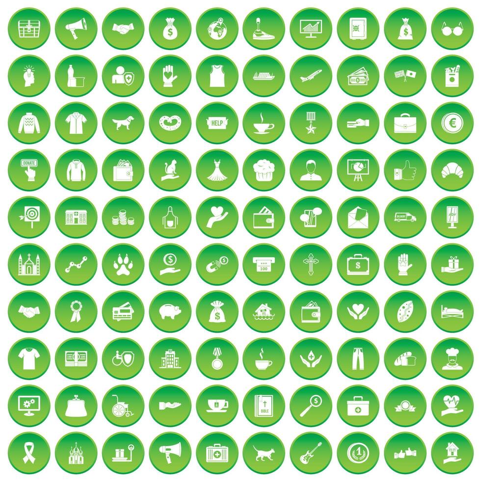 100 iconos de caridad establecer círculo verde vector