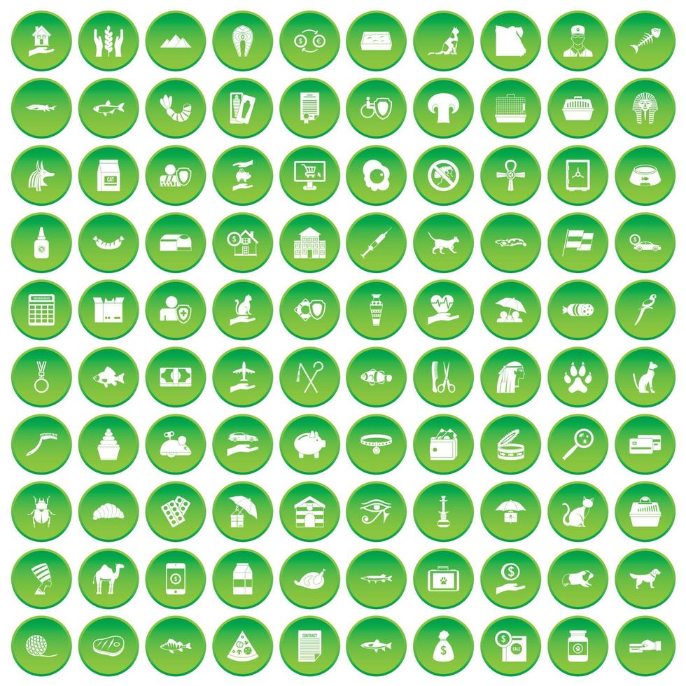 100 cat icons set green circle vector
