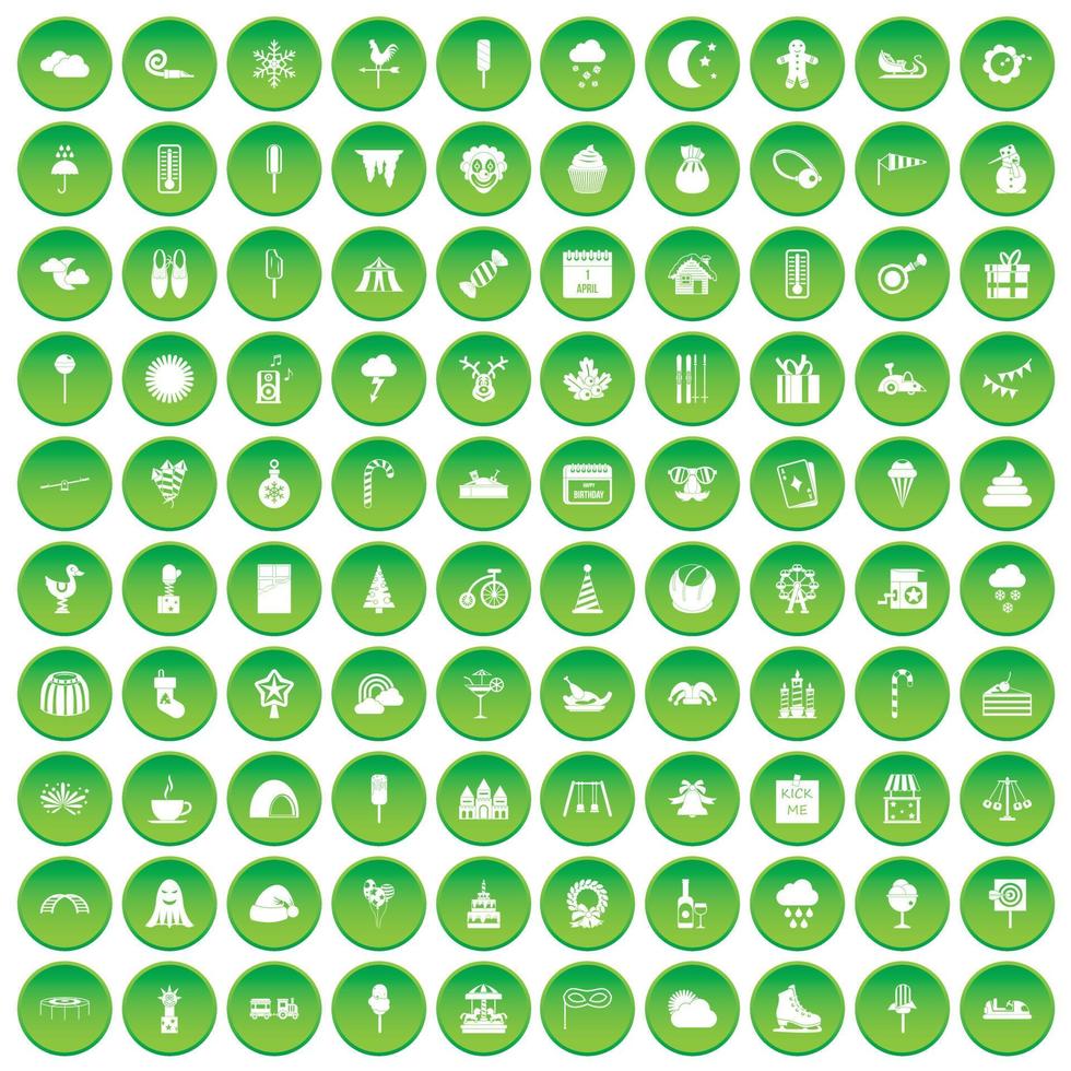 100 childrens parties icons set green circle vector