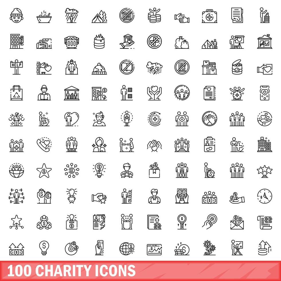100 charity icons set, outline style vector