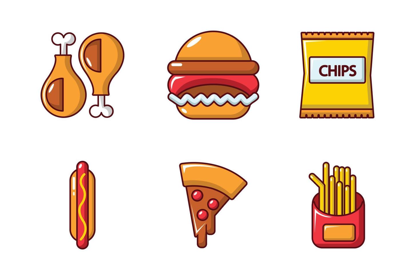 Fast food icon set, cartoon style vector