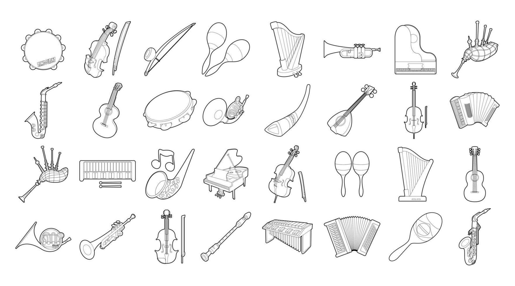 conjunto de iconos de instrumentos musicales, estilo de contorno vector