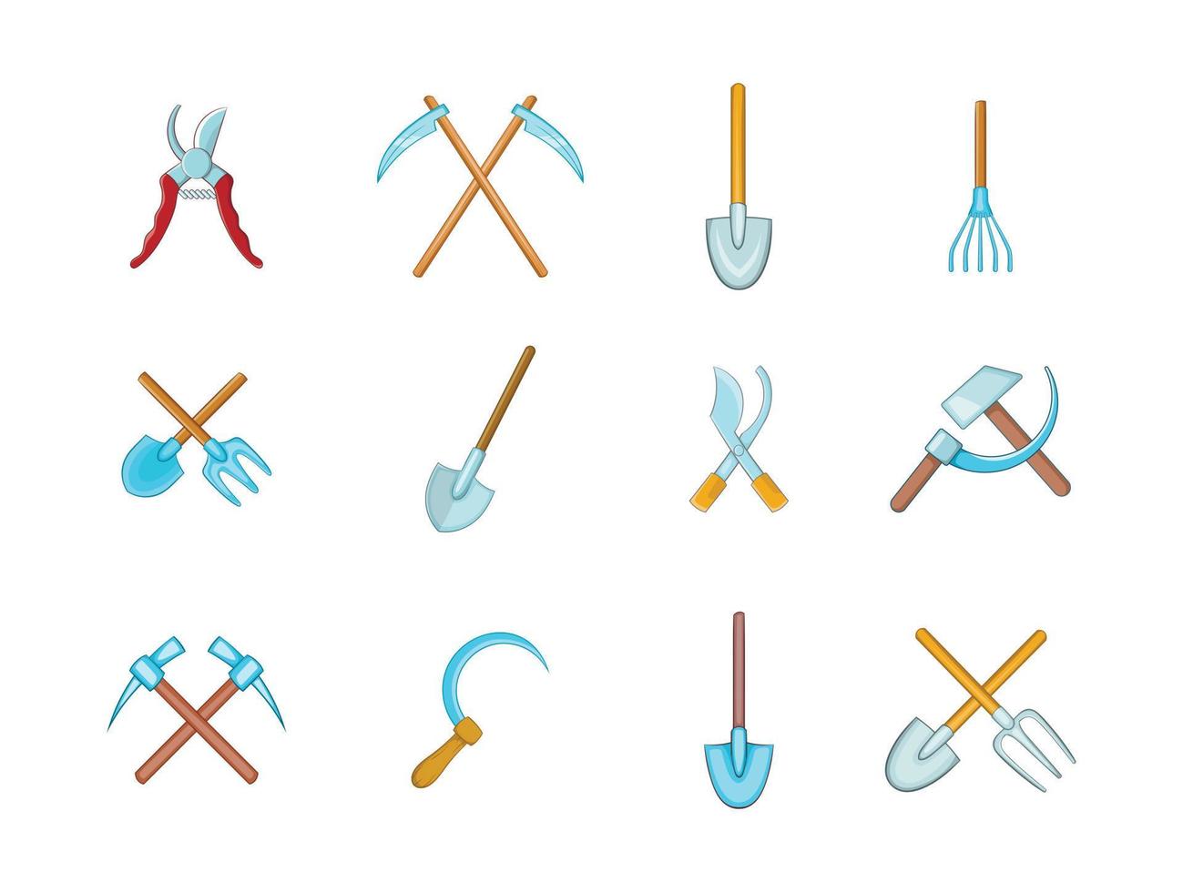 Farm tools icon set, cartoon style vector