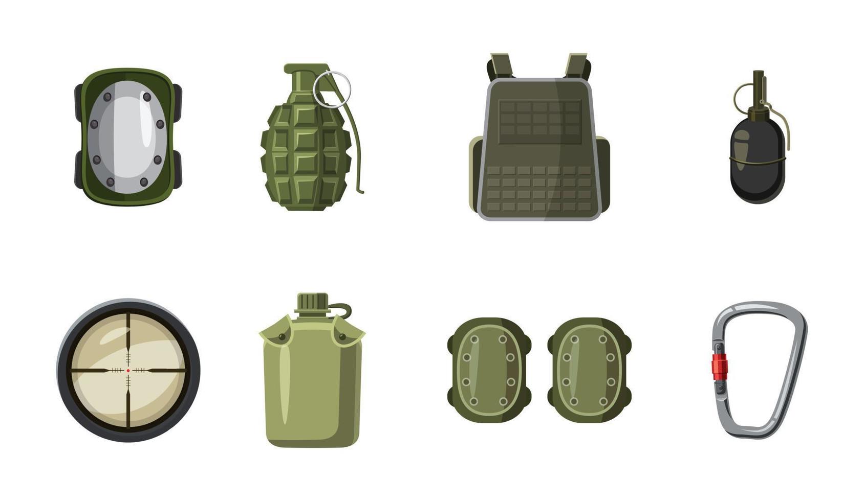 Military equipment icon set, cartoon style vector