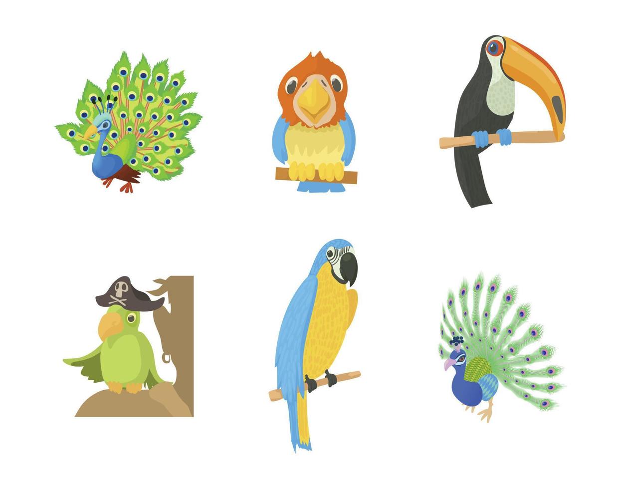 Exotic bird icon set, cartoon style vector