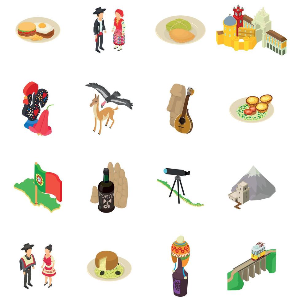 Portugal icons set, isometric style vector