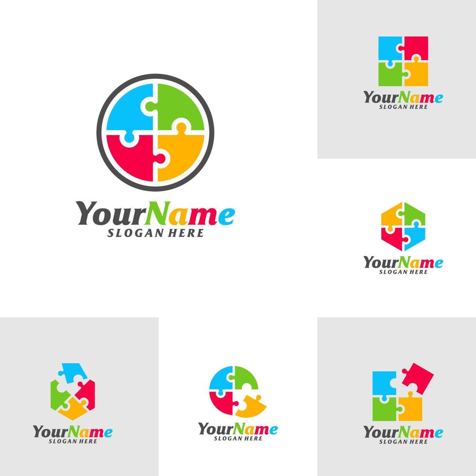 Set of Colorful Puzzle Logo Design Template. Puzzle logo concept vector. Emblem, Creative Symbol, Icon vector