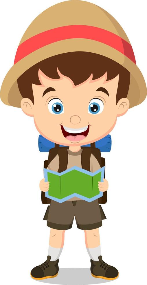 Cartoon boy explorer holding a map vector