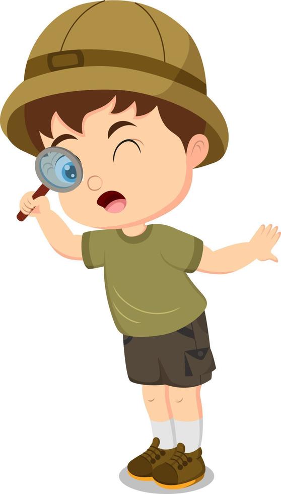 Cute boy explorer using a magnifying glass vector